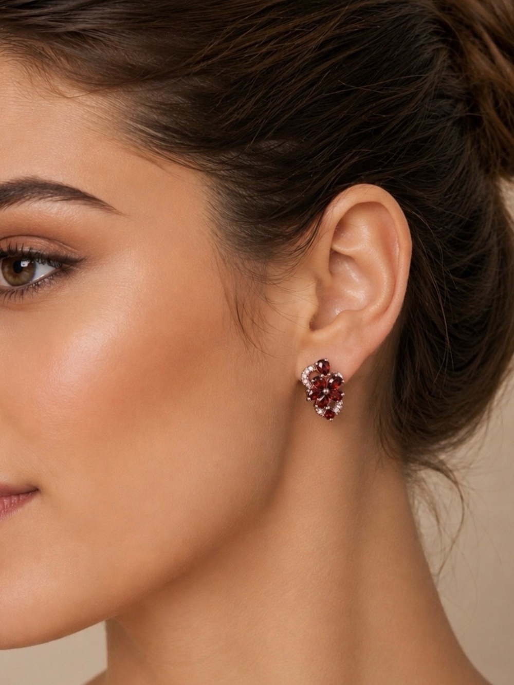 Garnet Red Crystal Flower Rose Gold Lever-Back Earrings